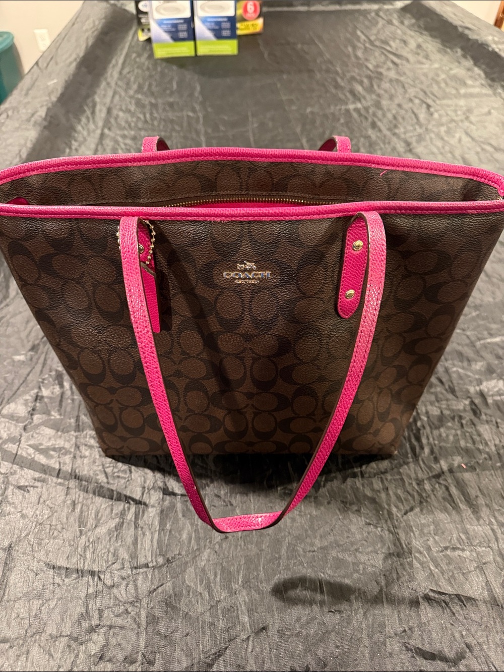 Coach Brown Signature Tote with Hot Pink Trim and Wallet - Picture 2 of 8